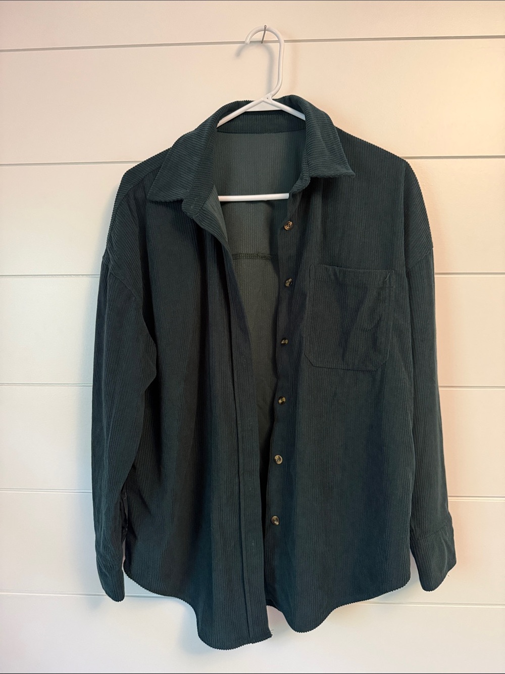 Corduroy Button-Up Shirt Jacket in Dark Green